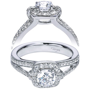Taryn TE6268W44JJ 14 karat white gold engagement ring, front and profile views of a round center in a squared halo framed by overlapping pave ribbons
