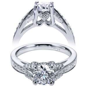 Taryn TE6358W44JJ 14 karat white gold engagement ring, front and raised views showing a pave heart in the gallery beneath a round center, pave shoulders