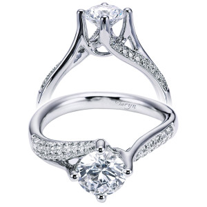 Taryn TE6359W44JJ 14 karat white gold engagement ring, front and raised views of a round center on a bypass shank with tapered pave rows