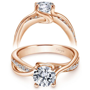 Taryn TE6360K44JJ 14 karat rose gold engagement ring, front and raised views of a round center on a twisting crossover shank with one stone set rail
