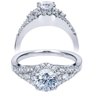 Taryn TE6548W44JJ 14 karat white gold engagement ring, front and raised views of a round center in a scalloped halo with tapering pave set shoulders