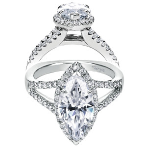 Taryn TE6562W44JJ 14 karat white gold engagement ring, front and raised views of a marquise center in a matching halo above a long split pave shank