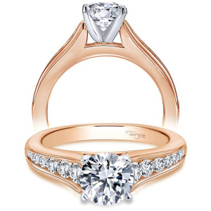 Taryn TE6664T44JJ 14 karat rose and white gold engagement ring, front view of a prong set round center above a tapering row of channel set rounds