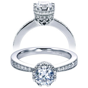 Taryn TE6667W44JJ 14 karat white gold engagement ring, front view of a round center on a pave collar over a pierced scalloped gallery above pave shoulders