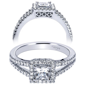 Taryn TE6689W44JJ 14 karat white gold engagement ring, front view of a princess center in a square halo above a split pave shank
