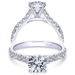 Taryn TE6703W44JJ 14 karat white gold engagement ring, front view of evenly spaced rounds held by shared prongs along a thin tapering shank