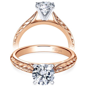 Taryn TE6707T4JJJ 14 karat rose gold engagement ring, front view of hand engraved wheat patterning with milgrain edges running toward the prong head