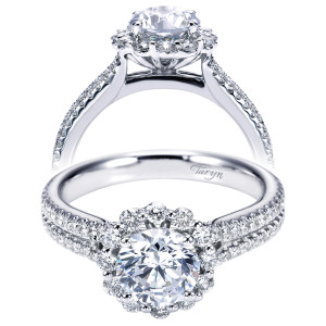 Taryn TE6710W44JJ 14 karat white gold engagement ring, front view of a round center ringed by a scalloped flower halo above a split pave shank