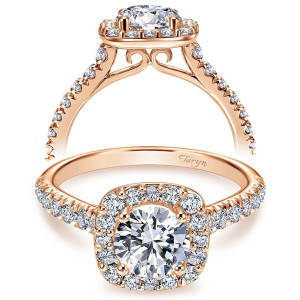 Taryn TE6872K44JJ 14 karat rose gold engagement ring, front view of a round center in a cushion shaped halo above a pave shank with scrolled gallery