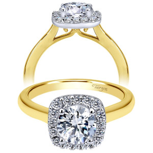Taryn TE6873M44JJ 14 karat yellow gold engagement ring, front and profile views of a round center in a cushion halo with a smooth unset tapered shank