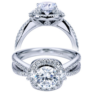 Taryn TE6950W44JJ 14 karat white gold engagement ring, front and profile views of a round center in a cushion halo above crossing pave shank rails