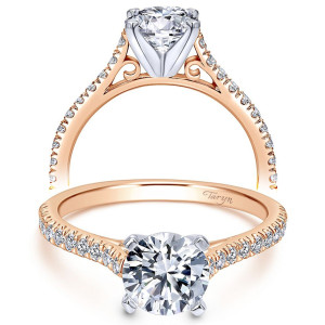 Taryn TE7224T44JJ 14 karat rose gold engagement ring, front and profile views of a round center with open scrollwork under the head and pave shoulders