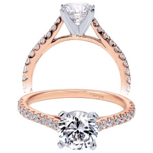 Taryn TE7227K44JJ 14 karat rose gold engagement ring, front and profile views of a round center above pave shoulders tapering to an open plain gallery