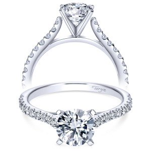 Taryn TE7227W44JJ 14 karat white gold engagement ring, front and profile views of a four prong round center on a slim pave shank with open gallery