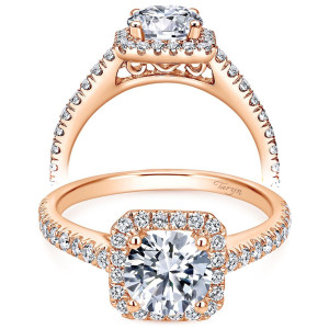Taryn TE7252K44JJ 14 karat rose gold engagement ring, front and profile views of a round center in a square halo above heart shaped filigree scrolls