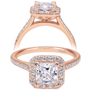 Taryn TE7266K44JJ 14 karat rose gold engagement ring, front view of a princess center with corner prongs in a squared halo above pave shank