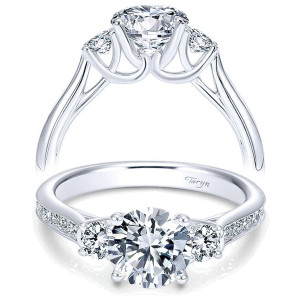 Taryn TE7474W44JJ 14 karat white gold engagement ring, front view of three round stones with an open loop gallery and short pave shoulder rows