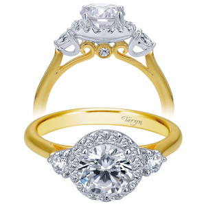 Taryn TE7482M44JJ 14 karat yellow and white gold engagement ring, front view of a round center in a halo with two side stones and a scrolled bezel gallery
