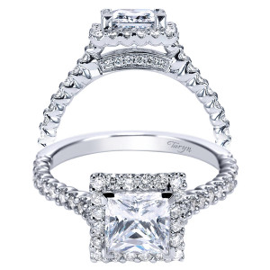 Taryn TE7492W44JJ 14 karat white gold engagement ring, front view of a princess center in a square halo with pave lined bridge under the setting