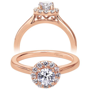 Taryn TE7497K44JJ 14 karat rose gold engagement ring, front view of a round center in a shared prong halo with heart shaped scrollwork gallery