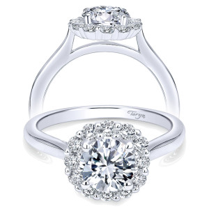 Taryn TE7498W44JJ 14 karat white gold engagement ring, front view of a floral halo of rounds around the center above a plain curving shank