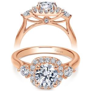 Taryn TE7510K44JJ 14 karat rose gold engagement ring, front and profile views of a round center in a cushion halo between two round side stones