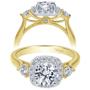 Taryn TE7510M44JJ 14 karat yellow and white gold engagement ring, front view of a round center in a cushion halo above an openwork gallery with bezel accent