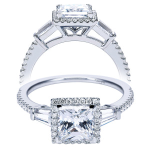 Taryn TE7511W44JJ 14 karat white gold engagement ring, front and profile of a princess center in a square halo between tapered baguettes above a pave shank