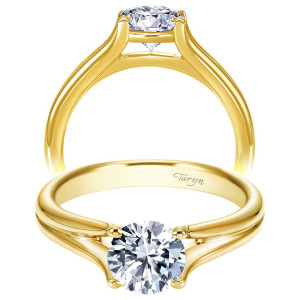 Taryn TE7516Y4JJJ 14 karat yellow gold engagement ring, front view of a round center on a polished shank that splits into two rails at the shoulders