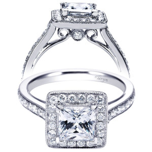 Taryn TE7526W44JJ 14 karat white gold engagement ring, front view of a princess center in a square milgrain halo above pave shoulders and a scroll gallery