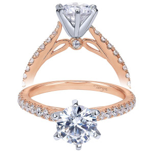 Taryn TE7533T44JJ 14 karat rose gold engagement ring, front view of a six prong round center over pave shoulders and an open loop gallery