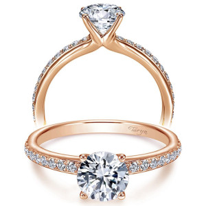 Taryn TE7537K44JJ 14 karat rose gold engagement ring, front view of a round center in four prongs above a slender shank lined with fine pave