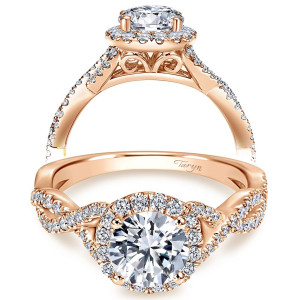 Taryn TE7543K44JJ 14 karat rose gold engagement ring, front view of a round center in a single pave halo above a twisted criss cross shank