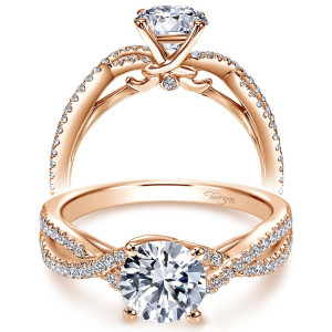 Taryn TE7546K44JJ 14 karat rose gold engagement ring, front view of a round center above a pave rail twisting around a polished rail toward the shoulders