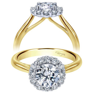 Taryn TE7721M44JJ 14 karat yellow gold engagement ring, front view of a round center ringed by large prong set rounds above a plain split shoulder shank