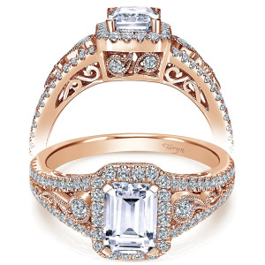 Taryn TE7740K44JJ 14 karat rose gold engagement ring, front view of an emerald cut center in a halo above a pave split shank with filigree