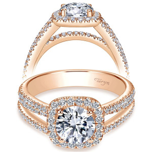 Taryn TE7786K44JJ 14 karat rose gold engagement ring, front view of a round center framed by a cushion outline halo above a split pave shank