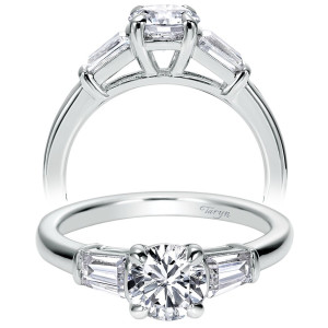 Taryn TE7795W44JJ 14 karat white gold engagement ring, front view of a round center with a long tapered baguette at each side, smooth rounded shank