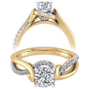 Taryn TE7801M44JJ 14 karat yellow gold engagement ring, front view of a round center ringed by a pave collar with looping crossover shoulders