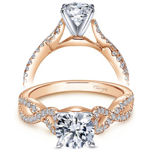 Taryn TE7805T44JJ 14 karat rose and white gold engagement ring, front view of a round center held in tall prongs above interlaced pave loops along the shoulders