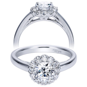 Taryn TE7810W44JJ 14 karat white gold engagement ring, front view of a round center inside a flower like halo of chunky rounds, plain smooth shank