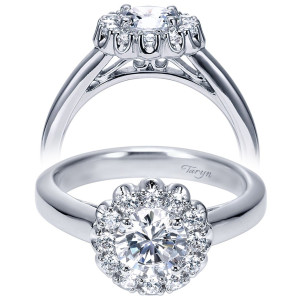 Taryn TE7830W44JJ 14 karat white gold engagement ring, front view of a round center circled by larger rounds in a scalloped setting, plain polished shank