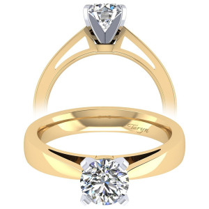 Taryn TE8132M4JJJ 14 karat yellow gold engagement ring, front view of a round center in four prongs atop a broad flat shank with open gallery