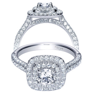 Taryn TE8211W44JJ 14 karat white gold engagement ring, front view of a round center inside a double cushion halo with fully paved split shoulders