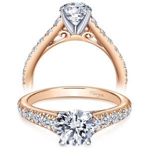 Taryn TE8259T44JJ 14 karat rose and white gold engagement ring, front view of a round center above scrolls with graduated shared prong stones running down the shank