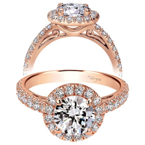 Taryn TE8270K44JJ 14 karat rose gold engagement ring, front view of a round center in a single halo with scrolled filigree gallery and pave shoulders