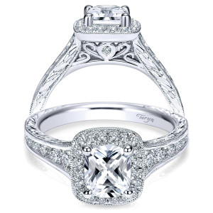 Taryn TE8793W44JJ 14 karat white gold engagement ring, front and profile views of a cushion center in a square halo above a scrolled filigree gallery
