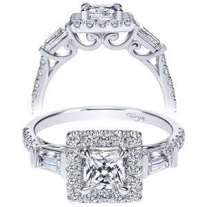 Taryn TE8849W44JJ 14 karat white gold engagement ring, front and profile views of a princess center in a square halo between baguettes on pave shoulders
