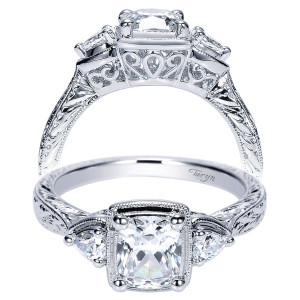 Taryn TE8865W44JJ 14 karat white gold engagement ring, front and profile views of a cushion center between triangular side stones over a heart filigree gallery