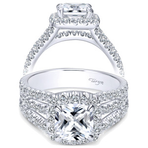 Taryn TE8903W44JJ 14 karat white gold engagement ring, front and side views of a cushion center in a single halo over a three row split shank